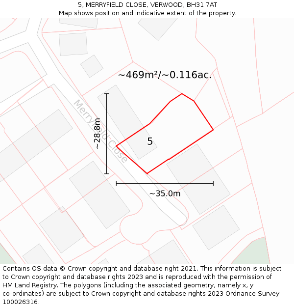 5, MERRYFIELD CLOSE, VERWOOD, BH31 7AT: Plot and title map