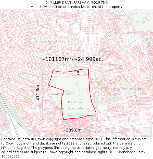 5, MILLER DRIVE, FAREHAM, PO16 7NA: Plot and title map