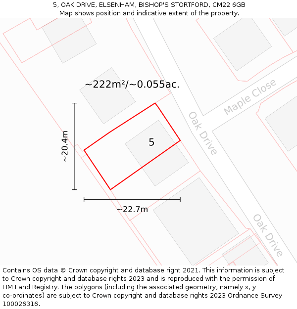 5, OAK DRIVE, ELSENHAM, BISHOP'S STORTFORD, CM22 6GB: Plot and title map