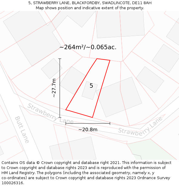 5, STRAWBERRY LANE, BLACKFORDBY, SWADLINCOTE, DE11 8AH: Plot and title map