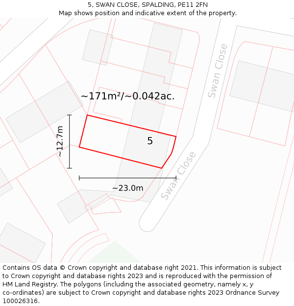 5, SWAN CLOSE, SPALDING, PE11 2FN: Plot and title map