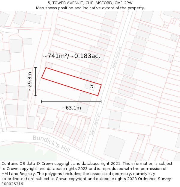 5, TOWER AVENUE, CHELMSFORD, CM1 2PW: Plot and title map