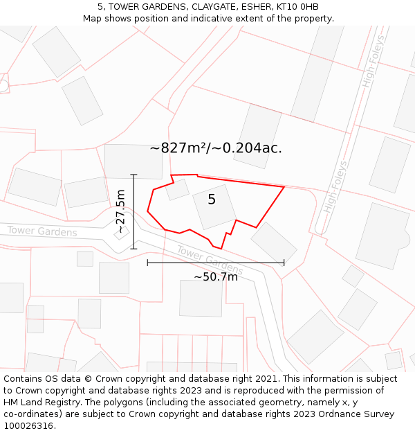 5, TOWER GARDENS, CLAYGATE, ESHER, KT10 0HB: Plot and title map