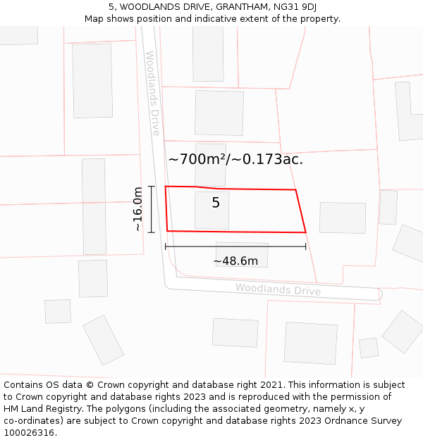 5, WOODLANDS DRIVE, GRANTHAM, NG31 9DJ: Plot and title map