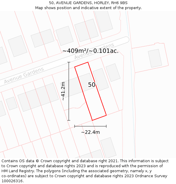 50, AVENUE GARDENS, HORLEY, RH6 9BS: Plot and title map