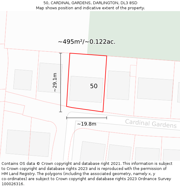 50, CARDINAL GARDENS, DARLINGTON, DL3 8SD: Plot and title map