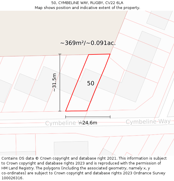 50, CYMBELINE WAY, RUGBY, CV22 6LA: Plot and title map