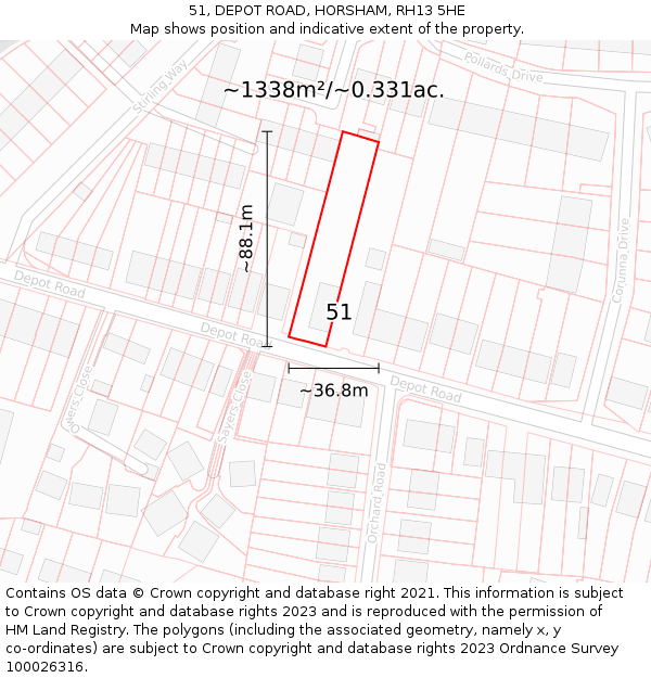 51, DEPOT ROAD, HORSHAM, RH13 5HE: Plot and title map