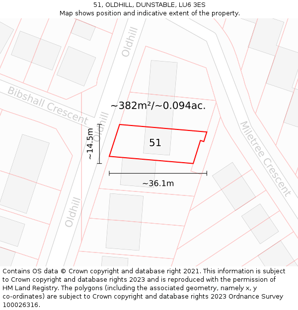 51, OLDHILL, DUNSTABLE, LU6 3ES: Plot and title map