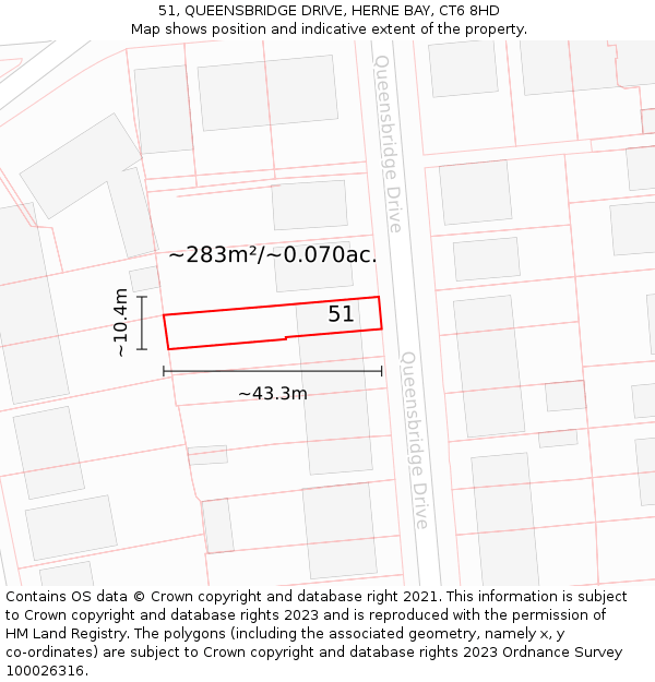 51, QUEENSBRIDGE DRIVE, HERNE BAY, CT6 8HD: Plot and title map