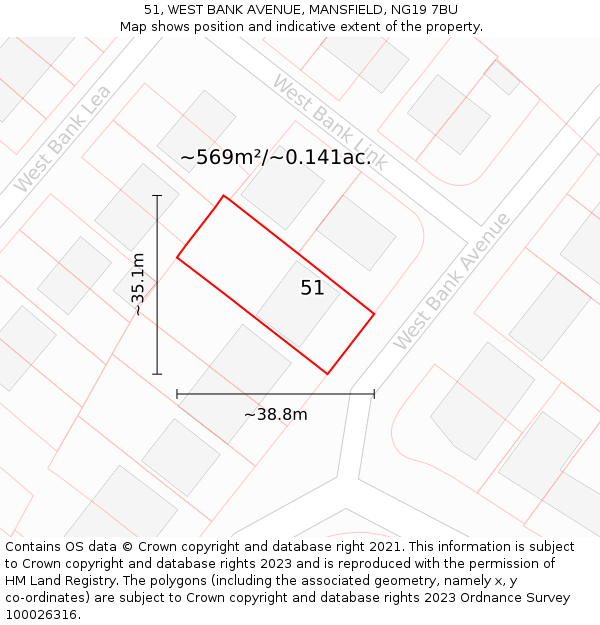 51, WEST BANK AVENUE, MANSFIELD, NG19 7BU: Plot and title map