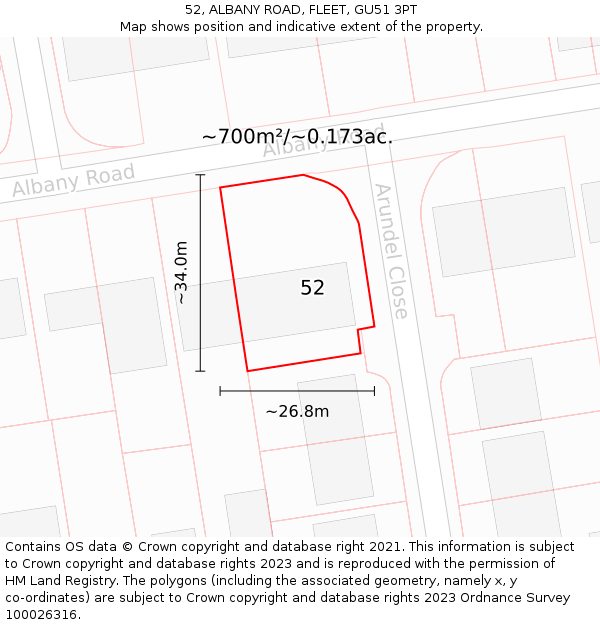 52, ALBANY ROAD, FLEET, GU51 3PT: Plot and title map