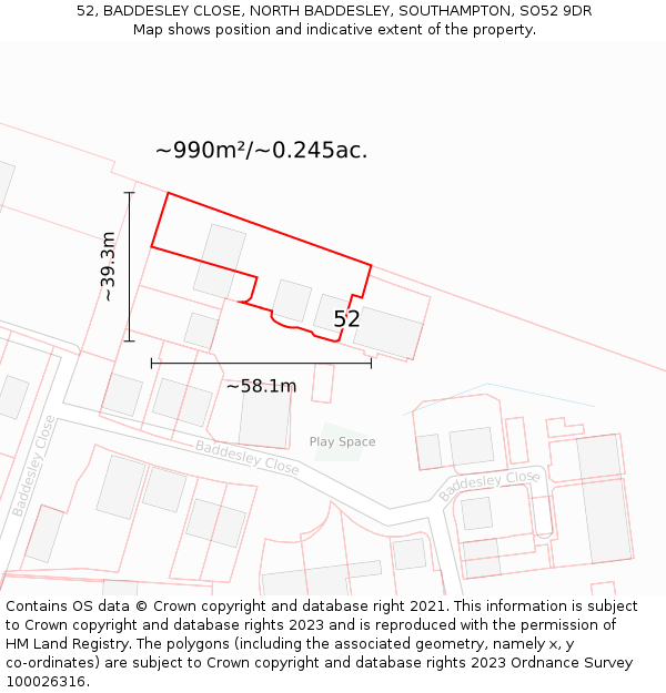 52, BADDESLEY CLOSE, NORTH BADDESLEY, SOUTHAMPTON, SO52 9DR: Plot and title map