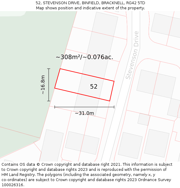 52, STEVENSON DRIVE, BINFIELD, BRACKNELL, RG42 5TD: Plot and title map