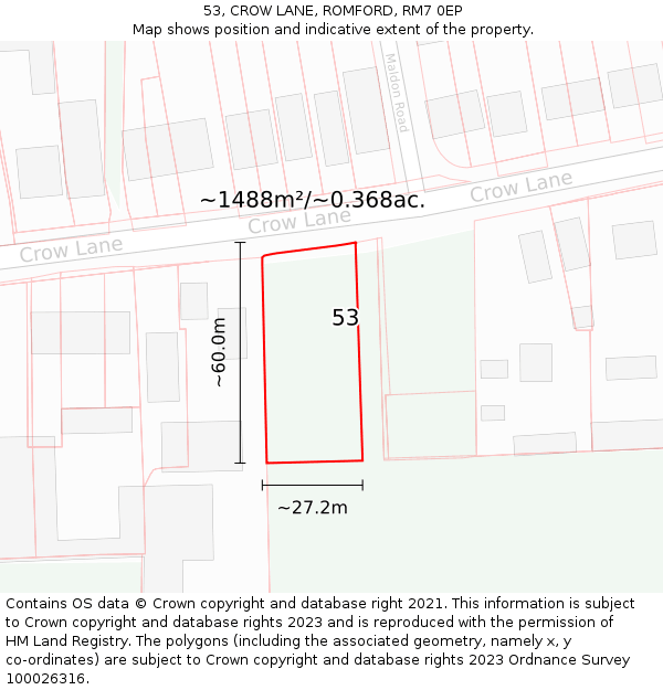 53, CROW LANE, ROMFORD, RM7 0EP: Plot and title map