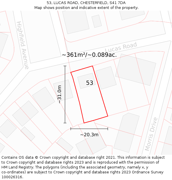 53, LUCAS ROAD, CHESTERFIELD, S41 7DA: Plot and title map