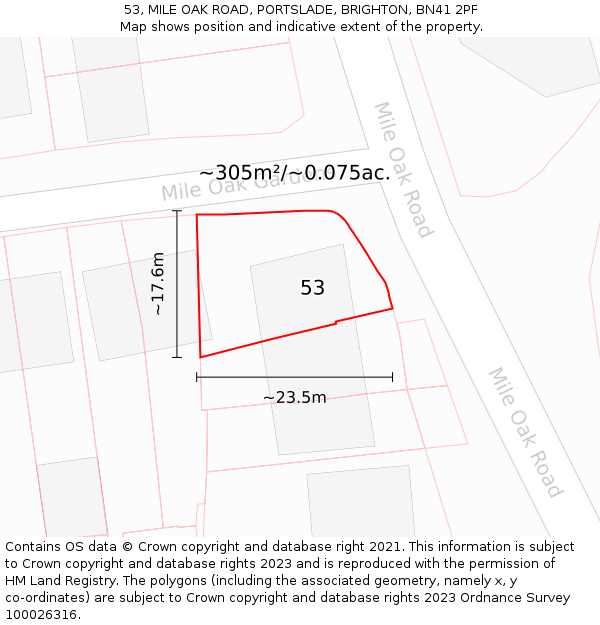 53, MILE OAK ROAD, PORTSLADE, BRIGHTON, BN41 2PF: Plot and title map