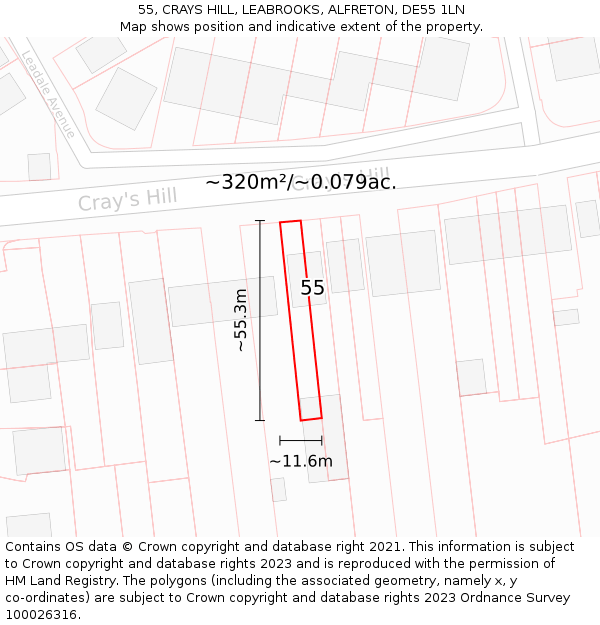 55, CRAYS HILL, LEABROOKS, ALFRETON, DE55 1LN: Plot and title map