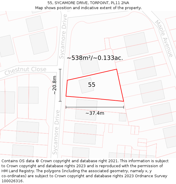 55, SYCAMORE DRIVE, TORPOINT, PL11 2NA: Plot and title map