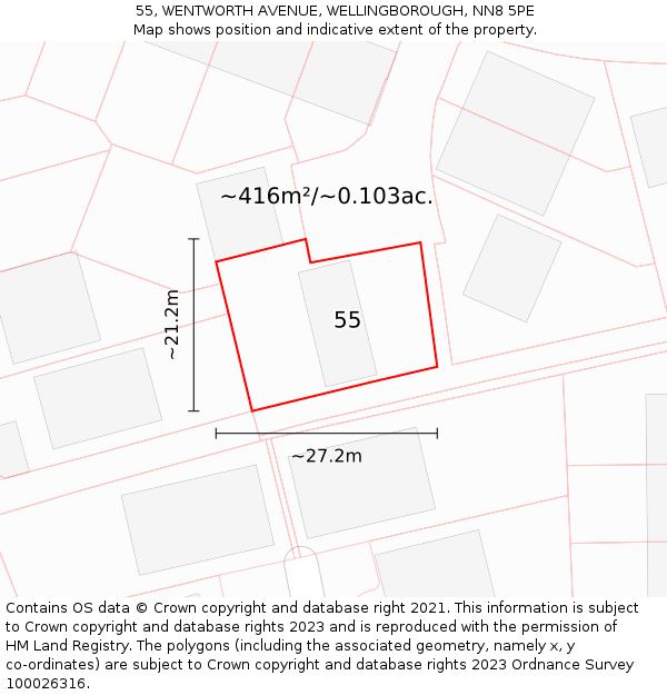 55, WENTWORTH AVENUE, WELLINGBOROUGH, NN8 5PE: Plot and title map