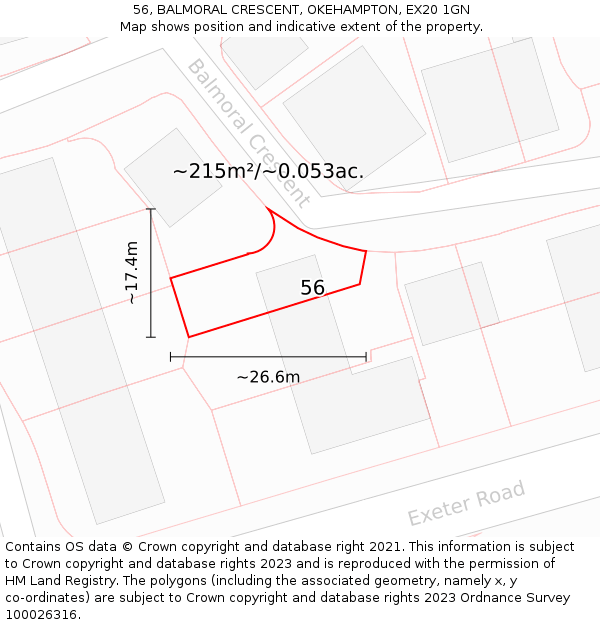 56, BALMORAL CRESCENT, OKEHAMPTON, EX20 1GN: Plot and title map