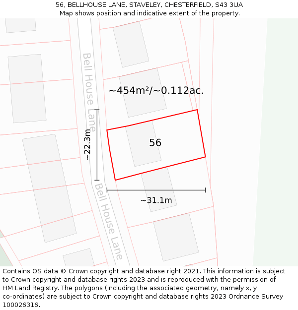 56, BELLHOUSE LANE, STAVELEY, CHESTERFIELD, S43 3UA: Plot and title map