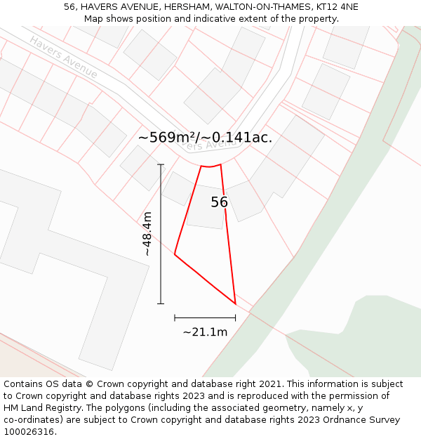 56, HAVERS AVENUE, HERSHAM, WALTON-ON-THAMES, KT12 4NE: Plot and title map