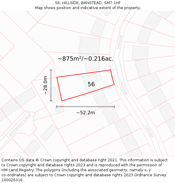 56, HILLSIDE, BANSTEAD, SM7 1HF: Plot and title map