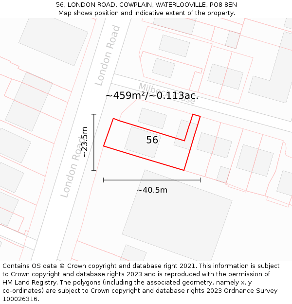 56, LONDON ROAD, COWPLAIN, WATERLOOVILLE, PO8 8EN: Plot and title map