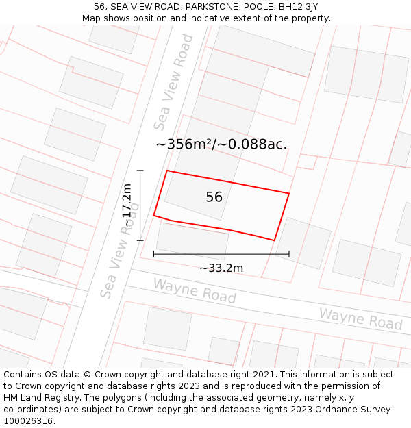 56, SEA VIEW ROAD, PARKSTONE, POOLE, BH12 3JY: Plot and title map