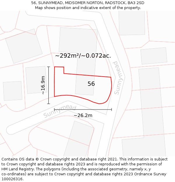 56, SUNNYMEAD, MIDSOMER NORTON, RADSTOCK, BA3 2SD: Plot and title map