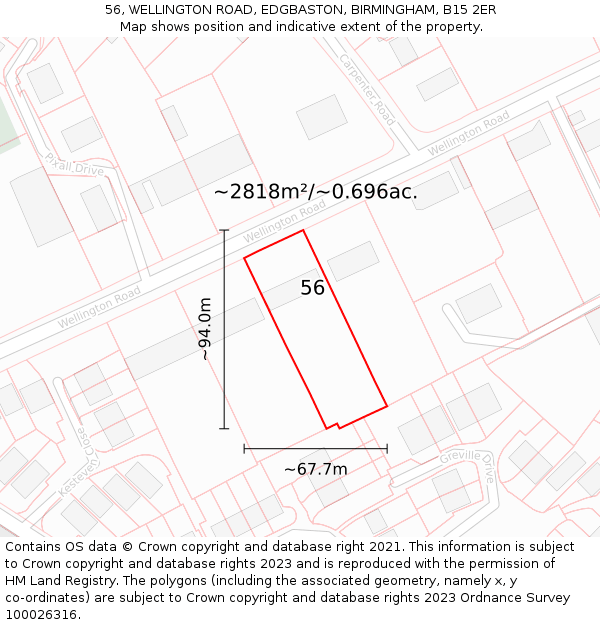 56, WELLINGTON ROAD, EDGBASTON, BIRMINGHAM, B15 2ER: Plot and title map