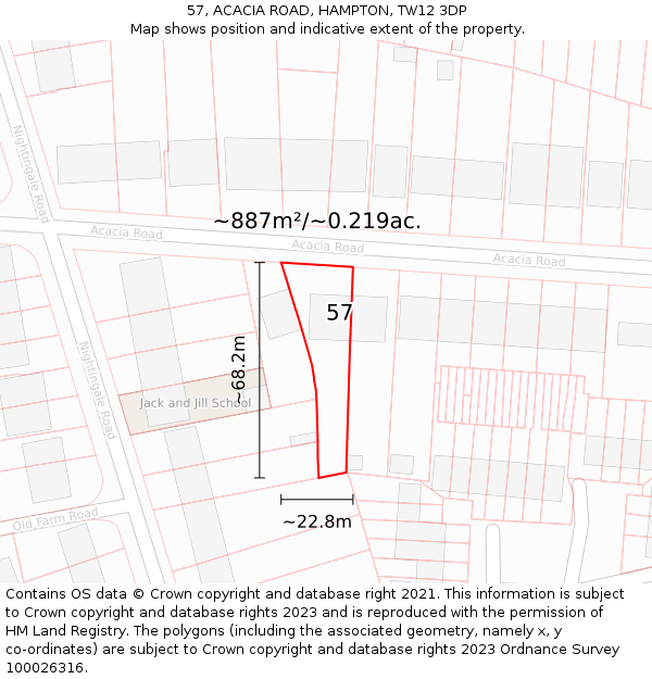 57, ACACIA ROAD, HAMPTON, TW12 3DP: Plot and title map