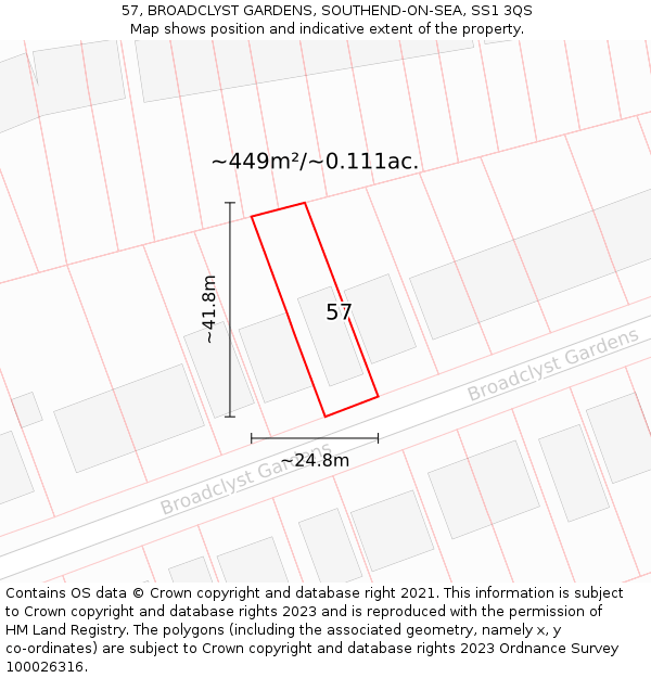 57, BROADCLYST GARDENS, SOUTHEND-ON-SEA, SS1 3QS: Plot and title map