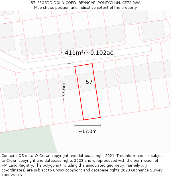 57, FFORDD DOL Y COED, BRYNCAE, PONTYCLUN, CF72 9WA: Plot and title map