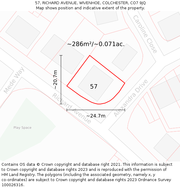 57, RICHARD AVENUE, WIVENHOE, COLCHESTER, CO7 9JQ: Plot and title map