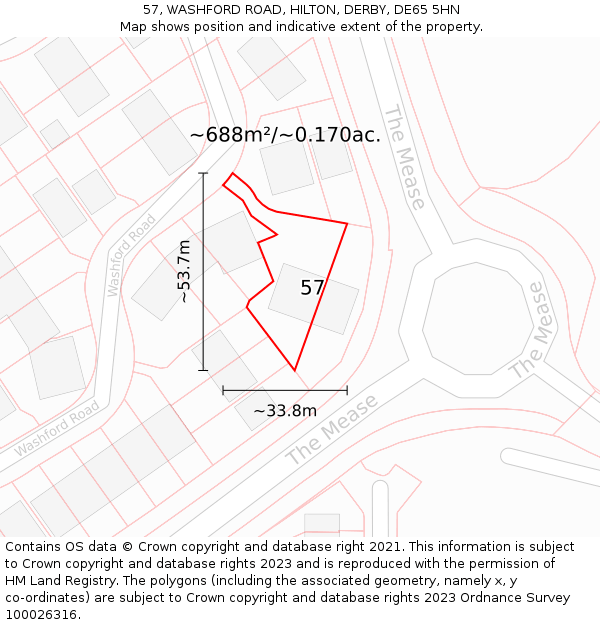 57, WASHFORD ROAD, HILTON, DERBY, DE65 5HN: Plot and title map