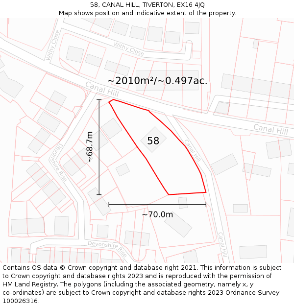 58, CANAL HILL, TIVERTON, EX16 4JQ: Plot and title map