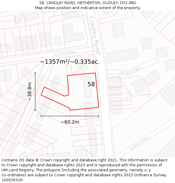 58, CRADLEY ROAD, NETHERTON, DUDLEY, DY2 9RD: Plot and title map