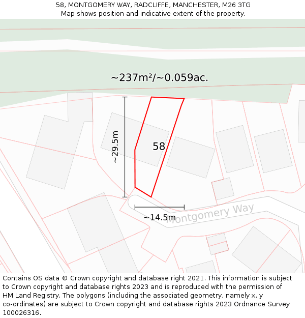 58, MONTGOMERY WAY, RADCLIFFE, MANCHESTER, M26 3TG: Plot and title map