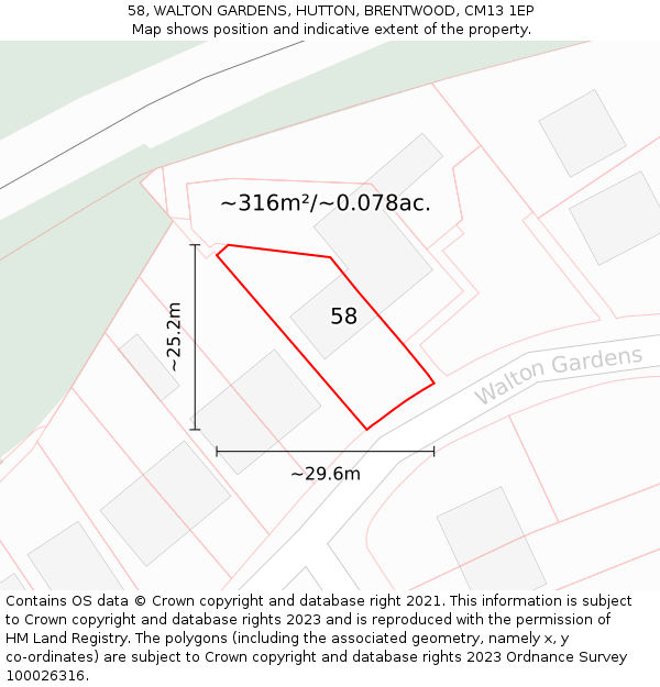 58, WALTON GARDENS, HUTTON, BRENTWOOD, CM13 1EP: Plot and title map