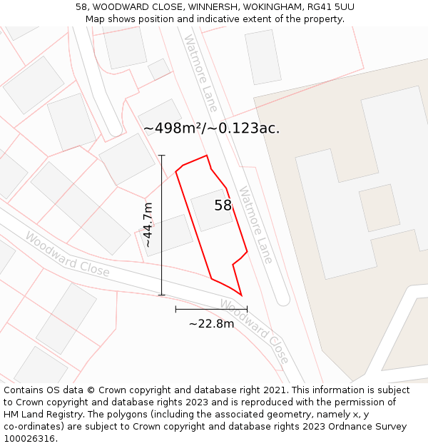 58, WOODWARD CLOSE, WINNERSH, WOKINGHAM, RG41 5UU: Plot and title map