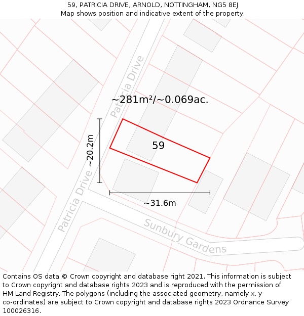 59, PATRICIA DRIVE, ARNOLD, NOTTINGHAM, NG5 8EJ: Plot and title map