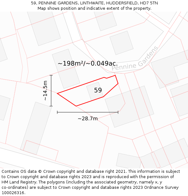 59, PENNINE GARDENS, LINTHWAITE, HUDDERSFIELD, HD7 5TN: Plot and title map