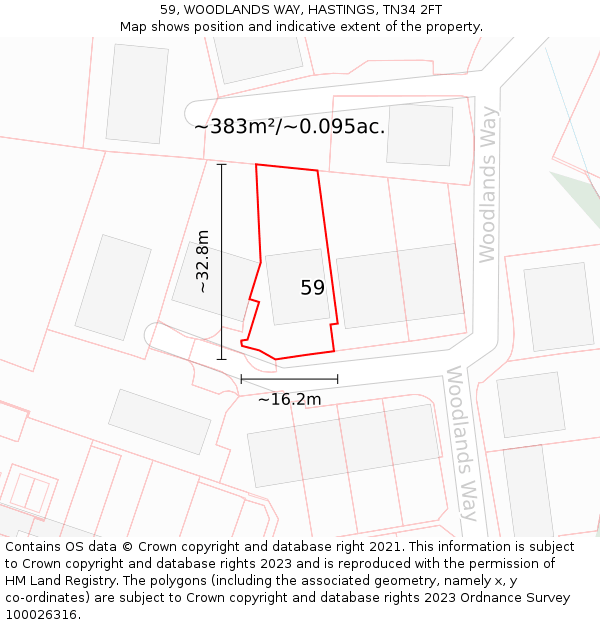59, WOODLANDS WAY, HASTINGS, TN34 2FT: Plot and title map