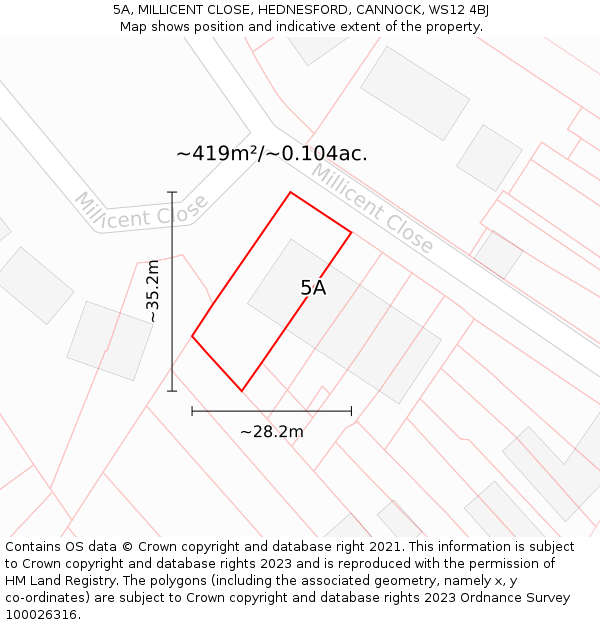 5A, MILLICENT CLOSE, HEDNESFORD, CANNOCK, WS12 4BJ: Plot and title map