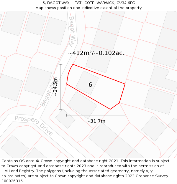 6, BAGOT WAY, HEATHCOTE, WARWICK, CV34 6FG: Plot and title map