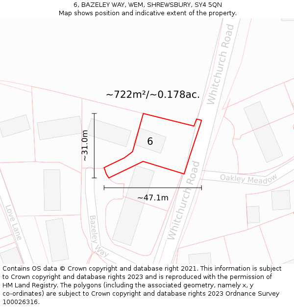 6, BAZELEY WAY, WEM, SHREWSBURY, SY4 5QN: Plot and title map