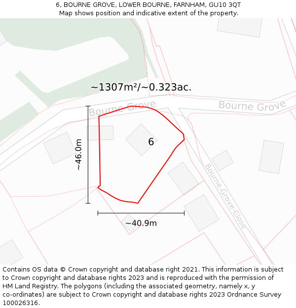 6, BOURNE GROVE, LOWER BOURNE, FARNHAM, GU10 3QT: Plot and title map