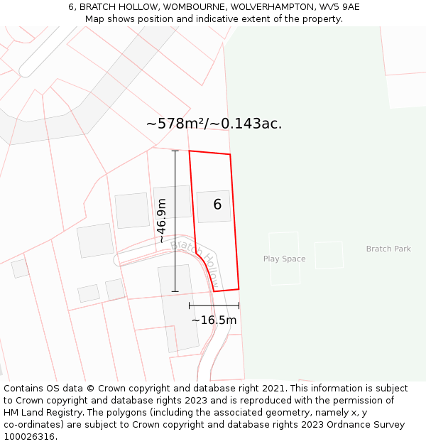 6, BRATCH HOLLOW, WOMBOURNE, WOLVERHAMPTON, WV5 9AE: Plot and title map